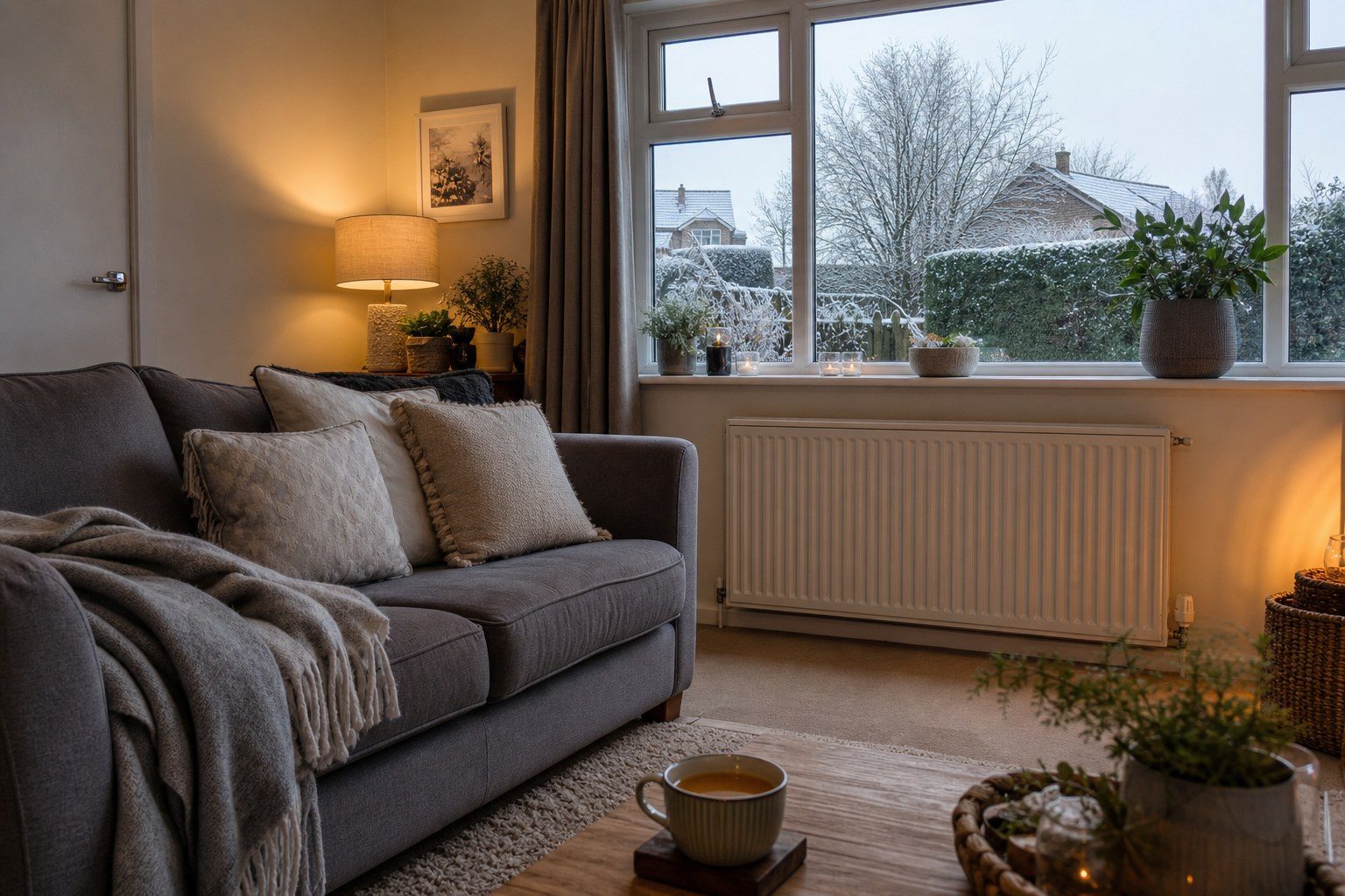 Warm living room with a radiator under the window on a frosty day