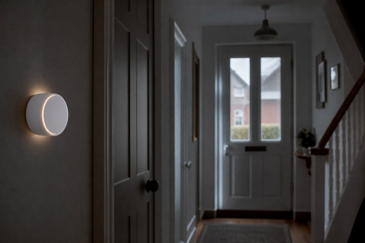 Hallway of a home with the heating control on the wall