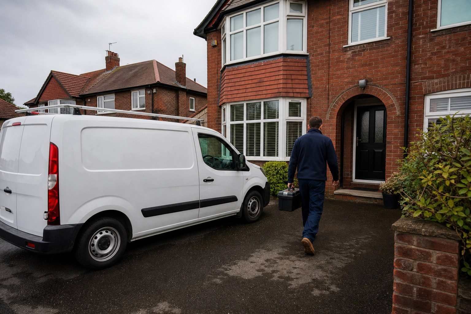 Engineer arriving at a brick semi with a toolbox