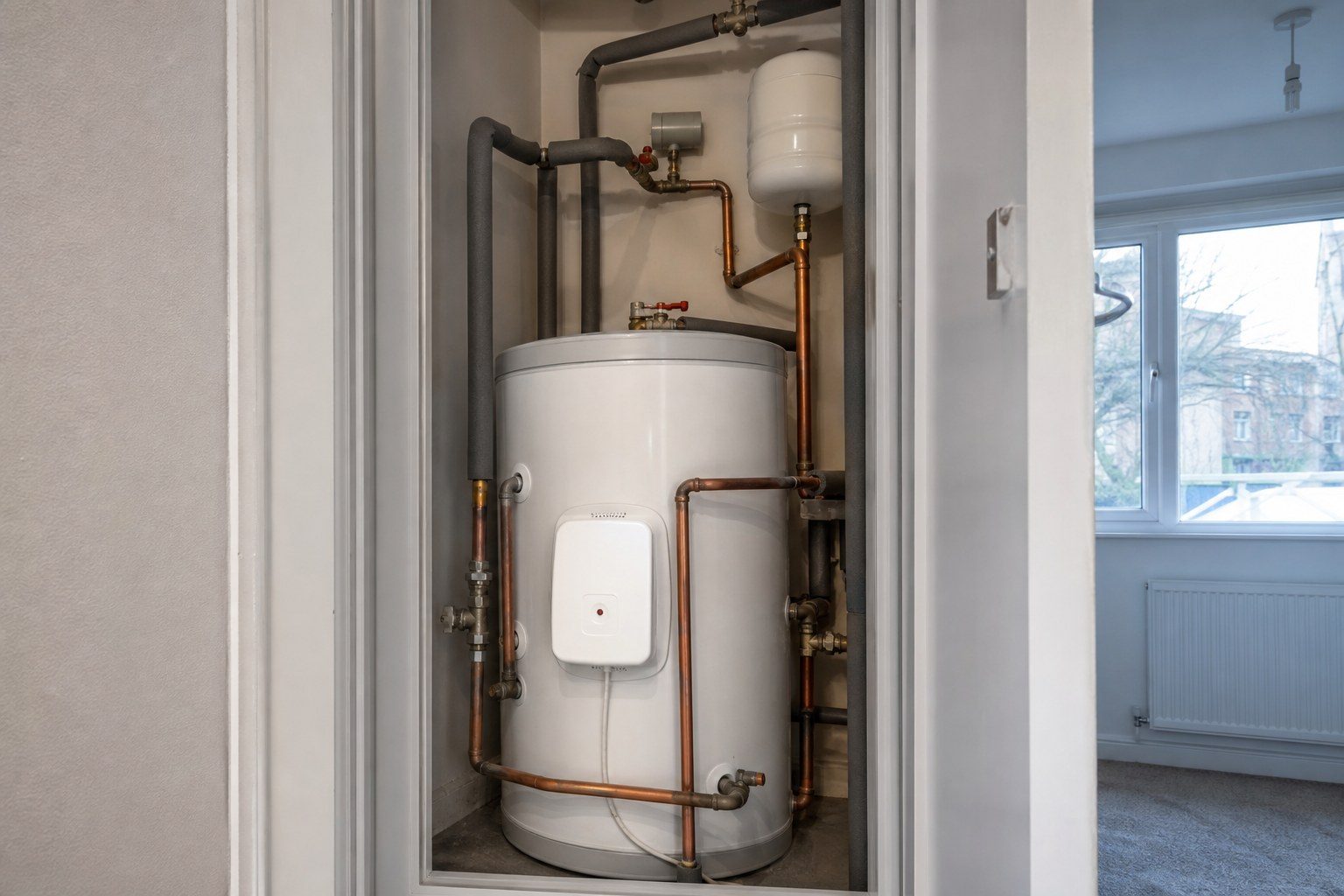 Hot water cylinder and pipework in an airing cupboard