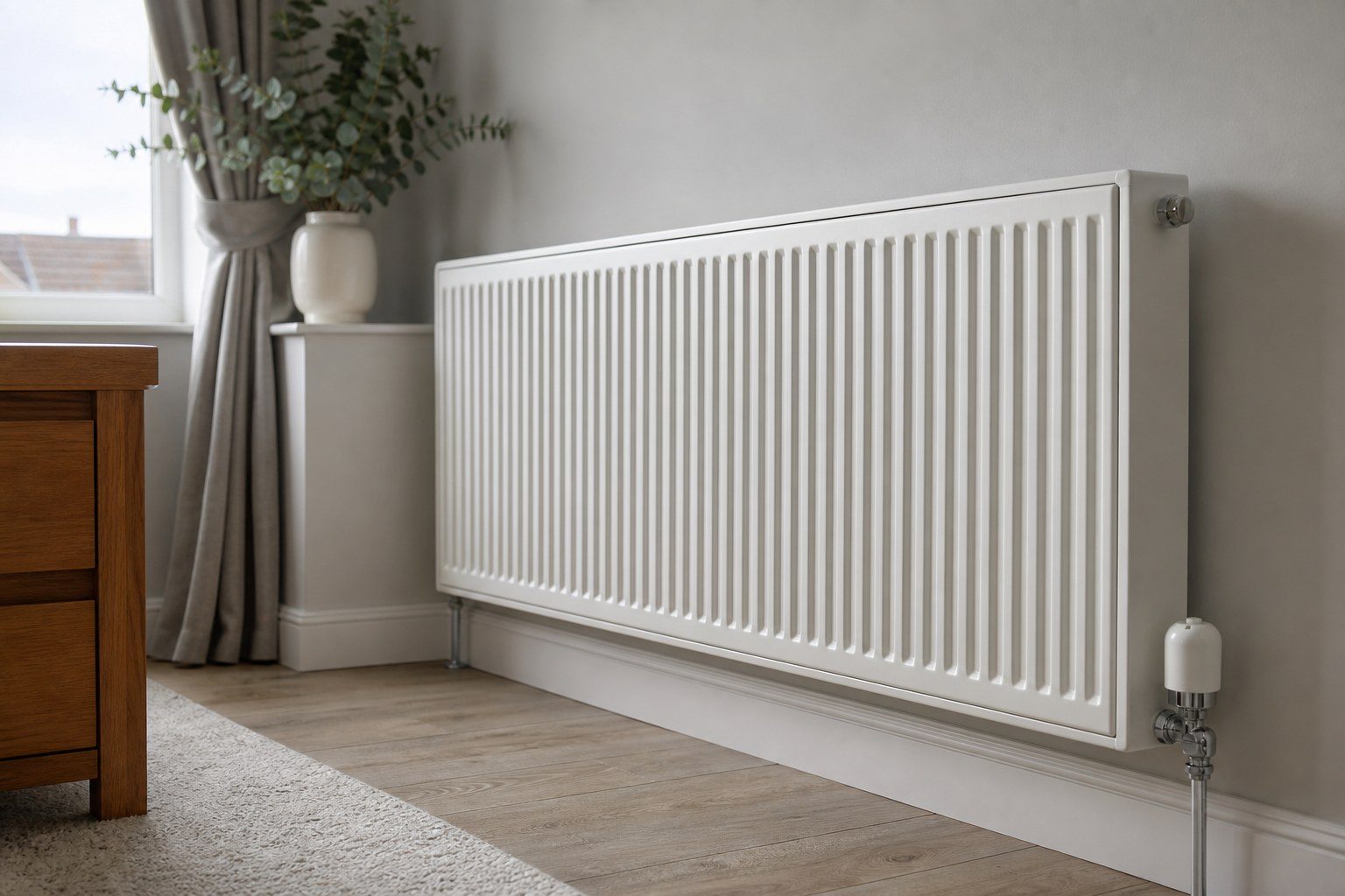Modern panel radiator with a thermostatic valve in a bedroom