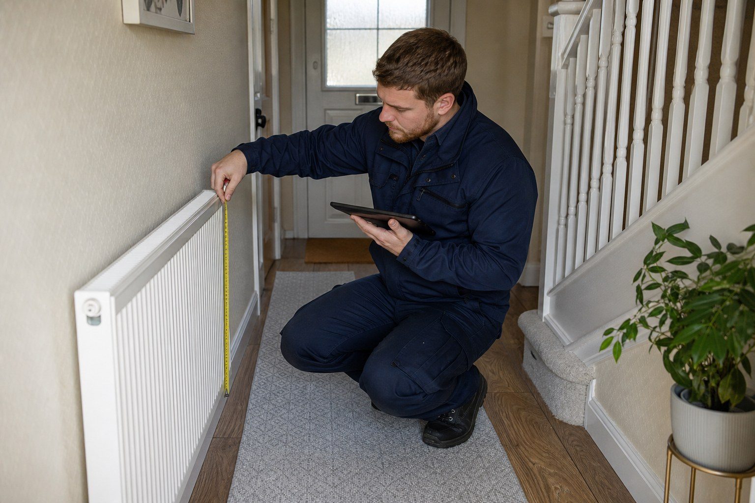 Heating engineer measuring a radiator while surveying a home