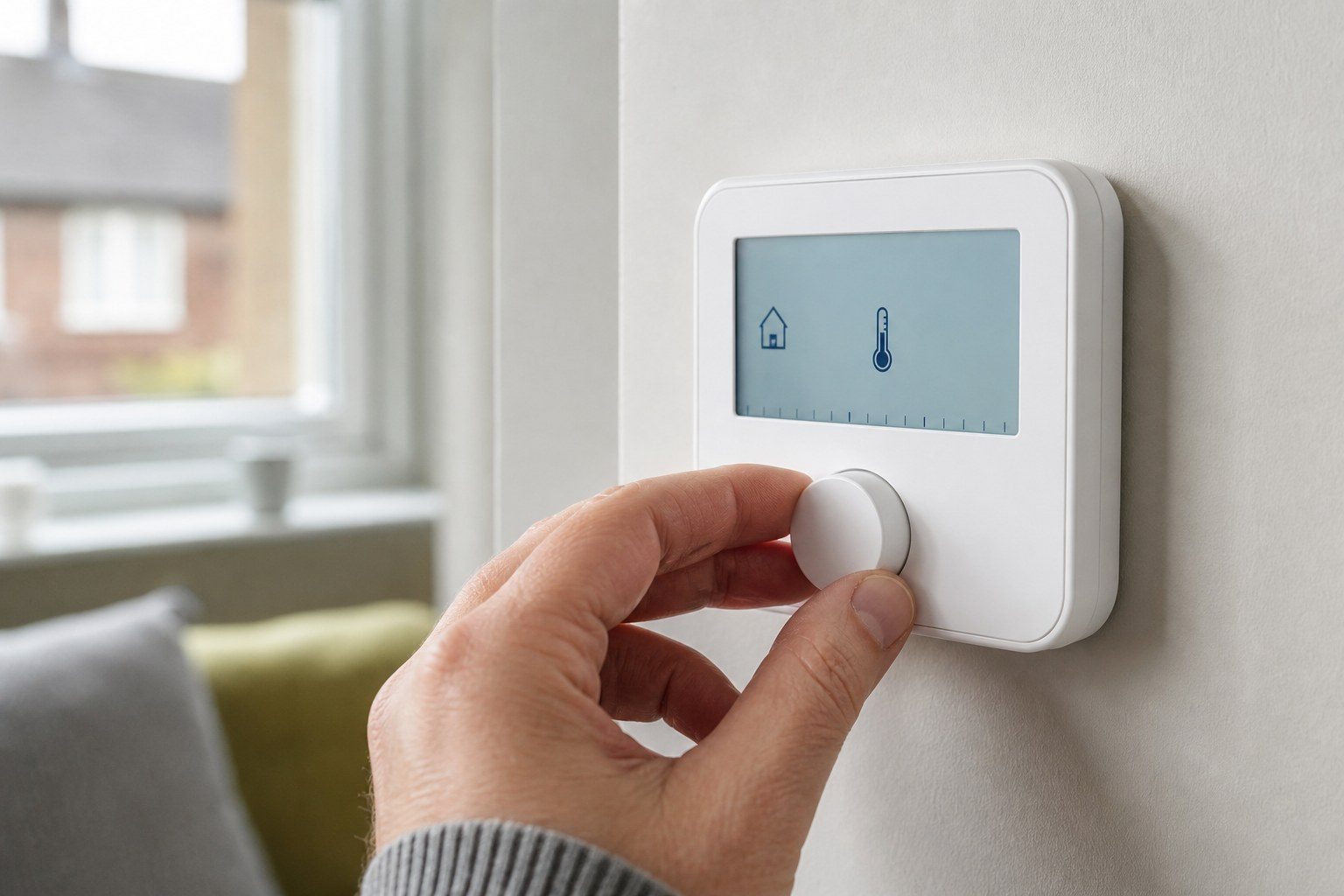 Hand adjusting a wall-mounted heating control